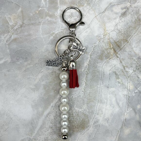 DOG PERSON Bag Charm Keychain Multi Faux Pearl Suede Tassel Bone Paw Pendant - Picture 7 of 11